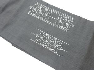 手織り紬刺し子縞に麻の葉模様名古屋帯